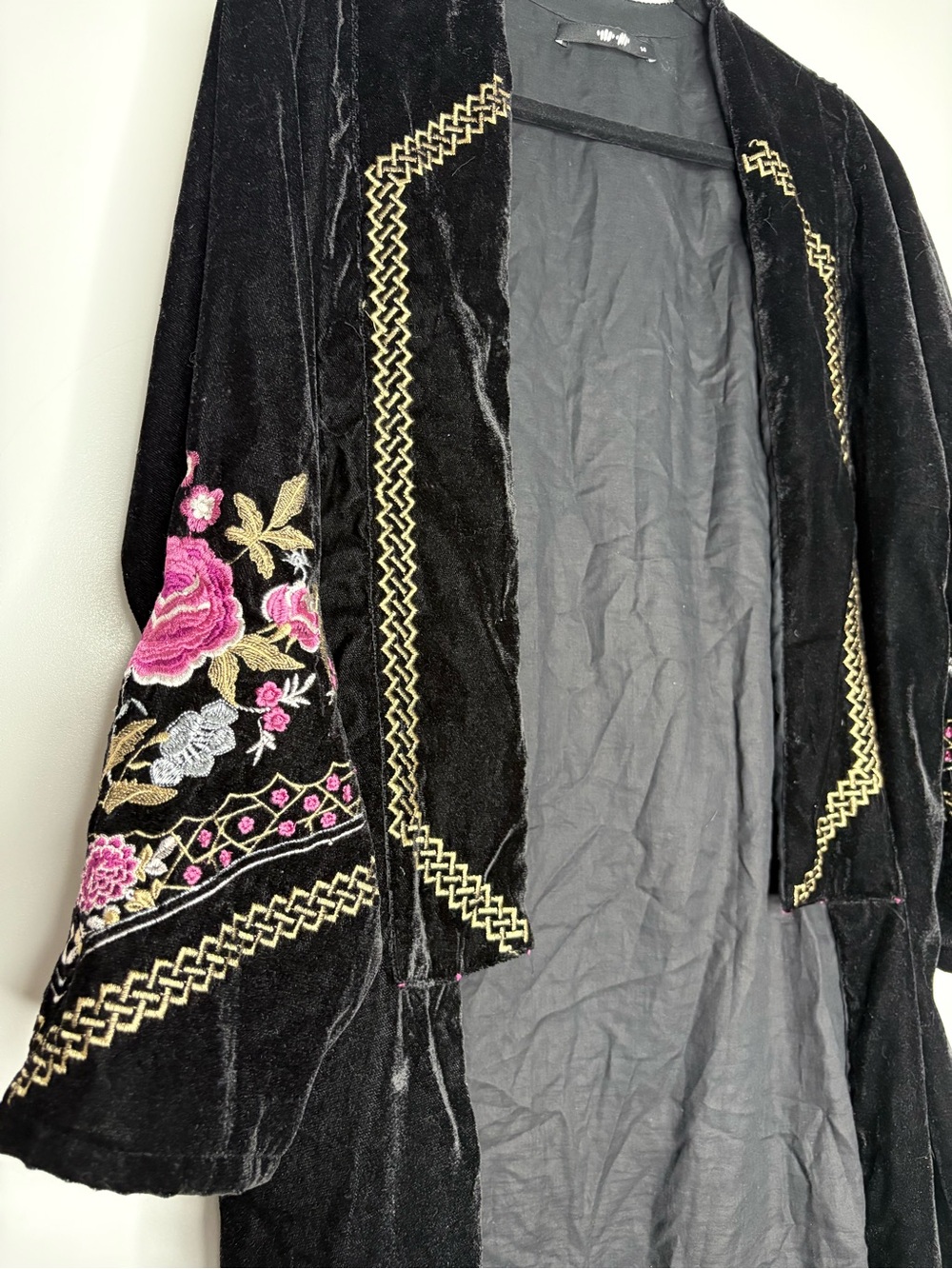 Black Velvet Embroidered Fringe Open-Front Robe - Picture 8 of 16